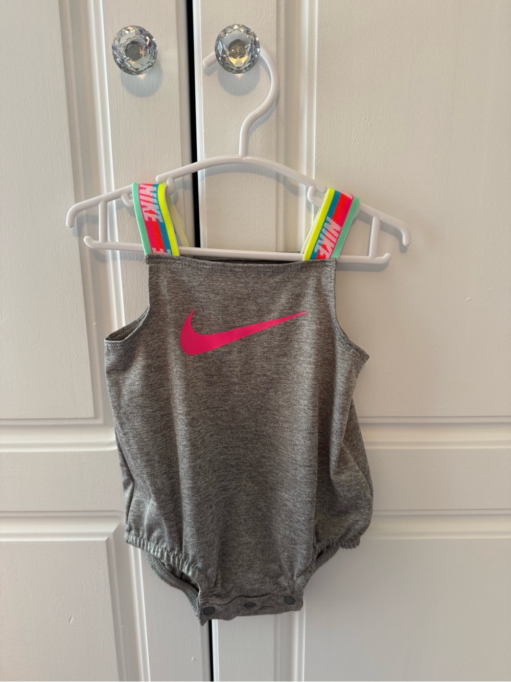Nike Gray Girls' Bodysuit with Hot Pink Swoosh and Rainbow Straps